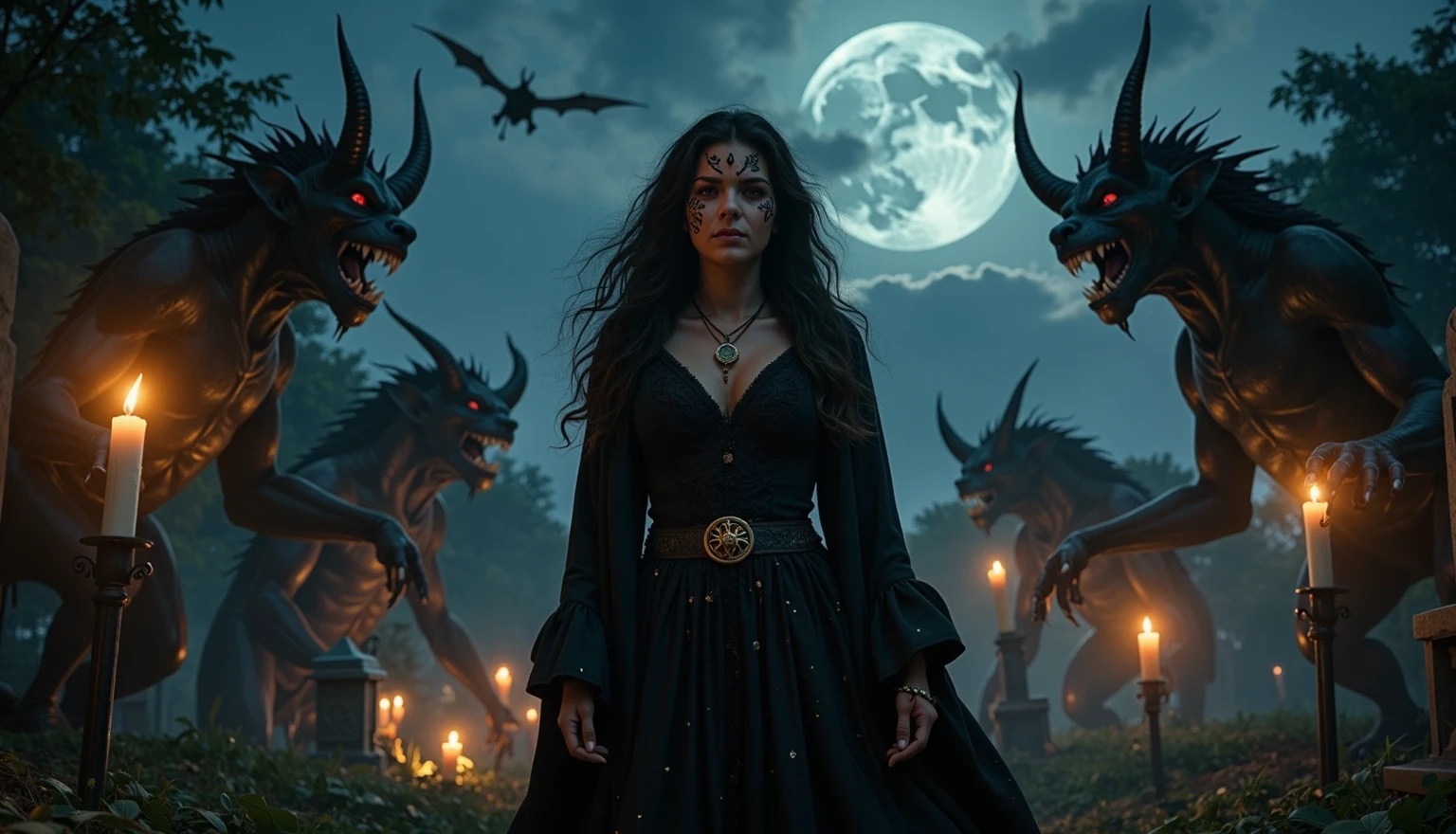 Female wizard, very detailed wizard, Wiccan makeup. The hideous beasts looks very angry and ready to cause chaos, DEVIL SPAWN. Halloween, cemetery, candles, sharp light and shadows, night, etherial mist, moonlight, horizon, panorama, ray tracing, DSLR, UHD, 8k, photorealistic, masterpiece, award-winning