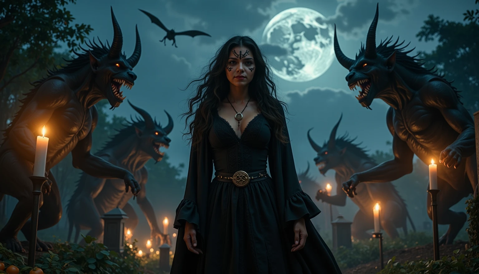 Female wizard, very detailed wizard, Wiccan makeup. The hideous beasts looks very angry and ready to cause chaos, DEVIL SPAWN. Halloween, cemetery, candles, sharp light and shadows, night, etherial mist, moonlight, horizon, panorama, ray tracing, DSLR, UHD, 8k, photorealistic, masterpiece, award-winning