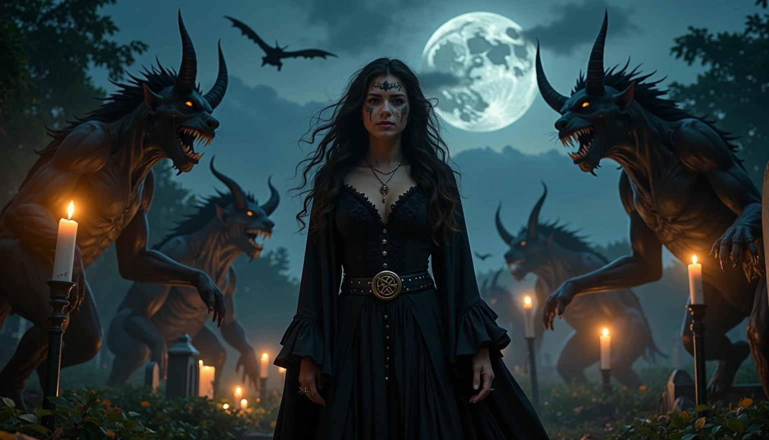 Female wizard, very detailed wizard, Wiccan makeup. The hideous beasts looks very angry and ready to cause chaos, DEVIL SPAWN. Halloween, cemetery, candles, sharp light and shadows, night, etherial mist, moonlight, horizon, panorama, ray tracing, DSLR, UHD, 8k, photorealistic, masterpiece, award-winning