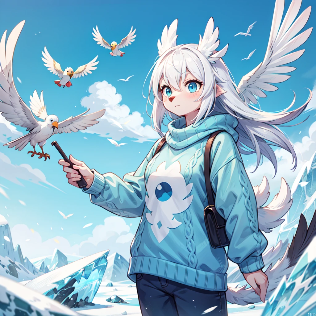 Avian furry, anthropomorphic bird, female, cockatiel, white feathers, long tail feathers, icy blue eyes, blue sweater