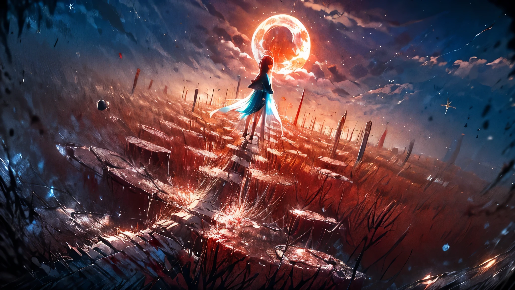 (masterpiece:1.1), (Best quality:1.1), (muted colors:1.1), BREAK, (Dark Fantasy:1.1), (creepy:1.1), (frowning:1.1), (horror:1.0), (luminous:1.0), BREAK, (One:1.2), (Goth girl:1.0), (bob haircut:1.0), (armor:1.0), (frilled skirt:1.0), (shoulder pads:1.0), (mittens:1.0), (a sword:1.0), (Looking at the viewer:1.0), (covered in blood:1.2), (blood:1.2), (exhausted:1.2), (tired:1.2), (Serious:1.0), BREAK, (Starlight Night:1.2), (Moonlight:1.1), (full moon:1.0), big breasts