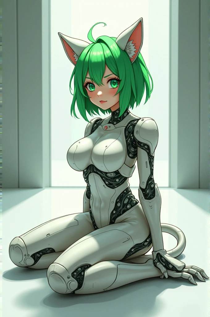 (masterpiece, best quality), 1girl, <lora:MewLettuce:1> mew lettuce, green hair, green eyes, green leotard, green shirt, green choker, bridal garter on left leg, puffy detached sleeves, short hair, hair tubes