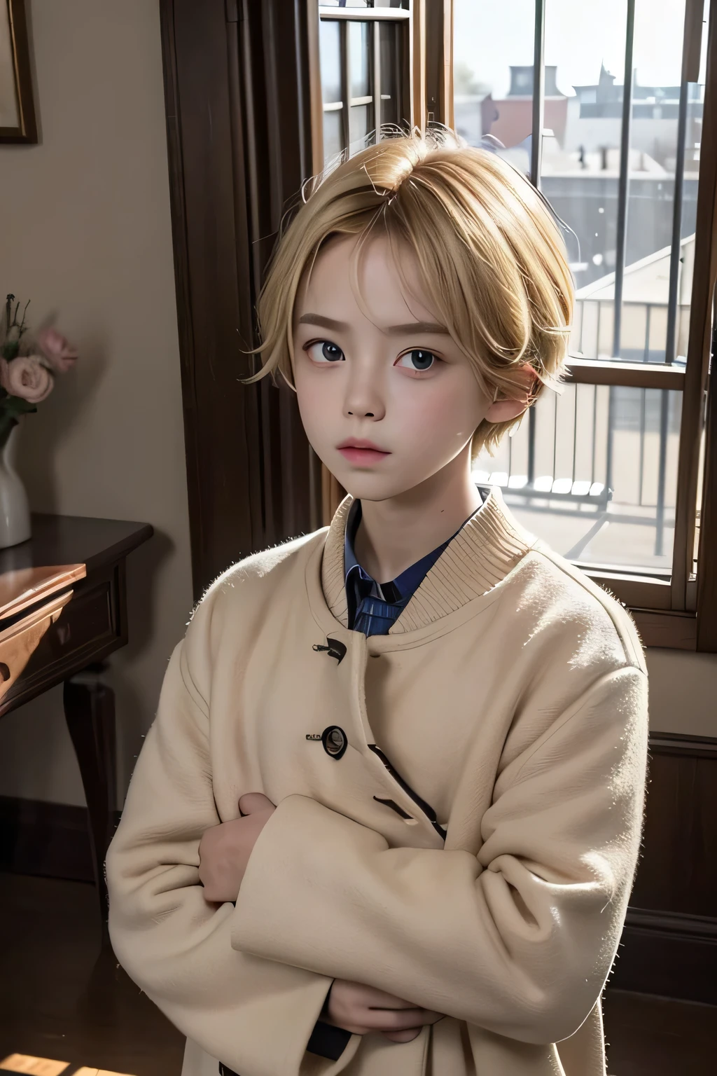 ((Are standing)) , (Hands on knees) , Leaning forward , masterpiece , Highest quality , Very detailed , (15-year-old female)、Blonde、Short Hair、Earrings