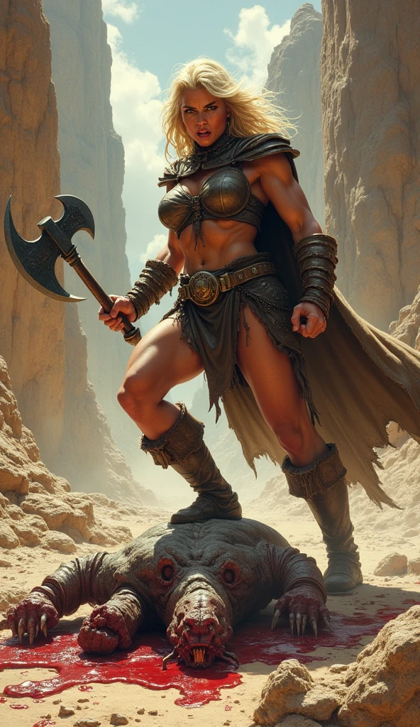 full body fantasy illustration of a naked 20 year old female from the prehistoric era with short unkempt white hair standing proud