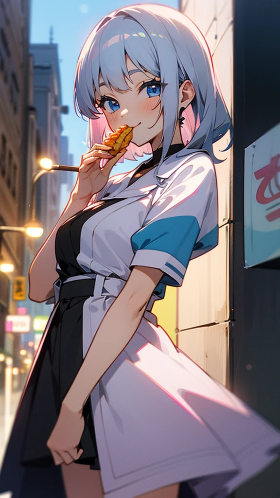 Girl、solo、Anime style painting、 cowboy shot、smile、Light blue and pink tones、Silver Hair、(Sparkling blue eyes)、Eating french fries、Downtown Background