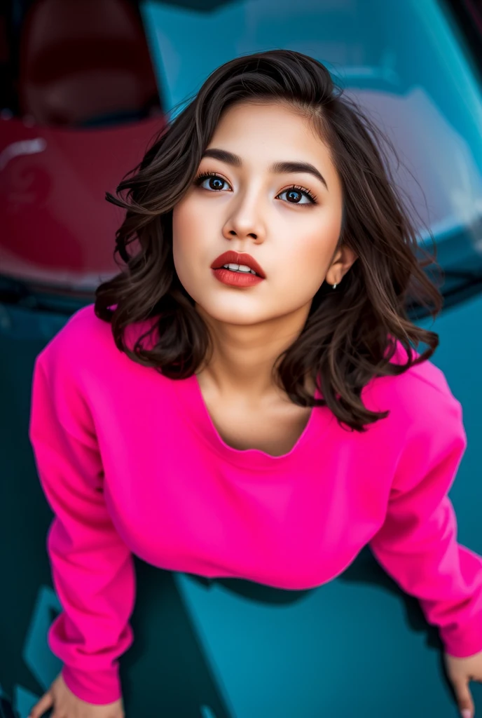 high angle photo of a gorgeous young woman in the style of cyberpunk, realistic skin texture, looks up,pink sweatshirt,posing on a car, 1 / 2 body crop, 8 5 mm art lens, f 1. 2, sharp focus, 8 k high definition, insanely detailed, intricate, elegant, art by stanley lau and cyberpunk