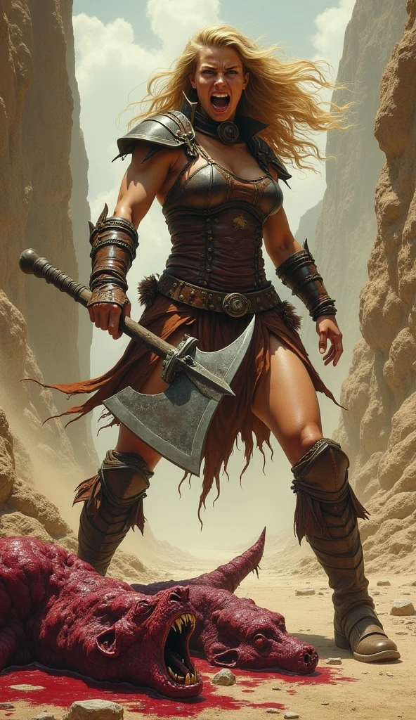 Intricate semi-realistic high resolution painting of simple white background, grimdark, <lora:Oldhammer:1>, a lone female barbarian wearing loincloth swinging a two-handed great axe against several Goblins in front of her inside a dark dungon, life-like shadings and texturing, smooth blending