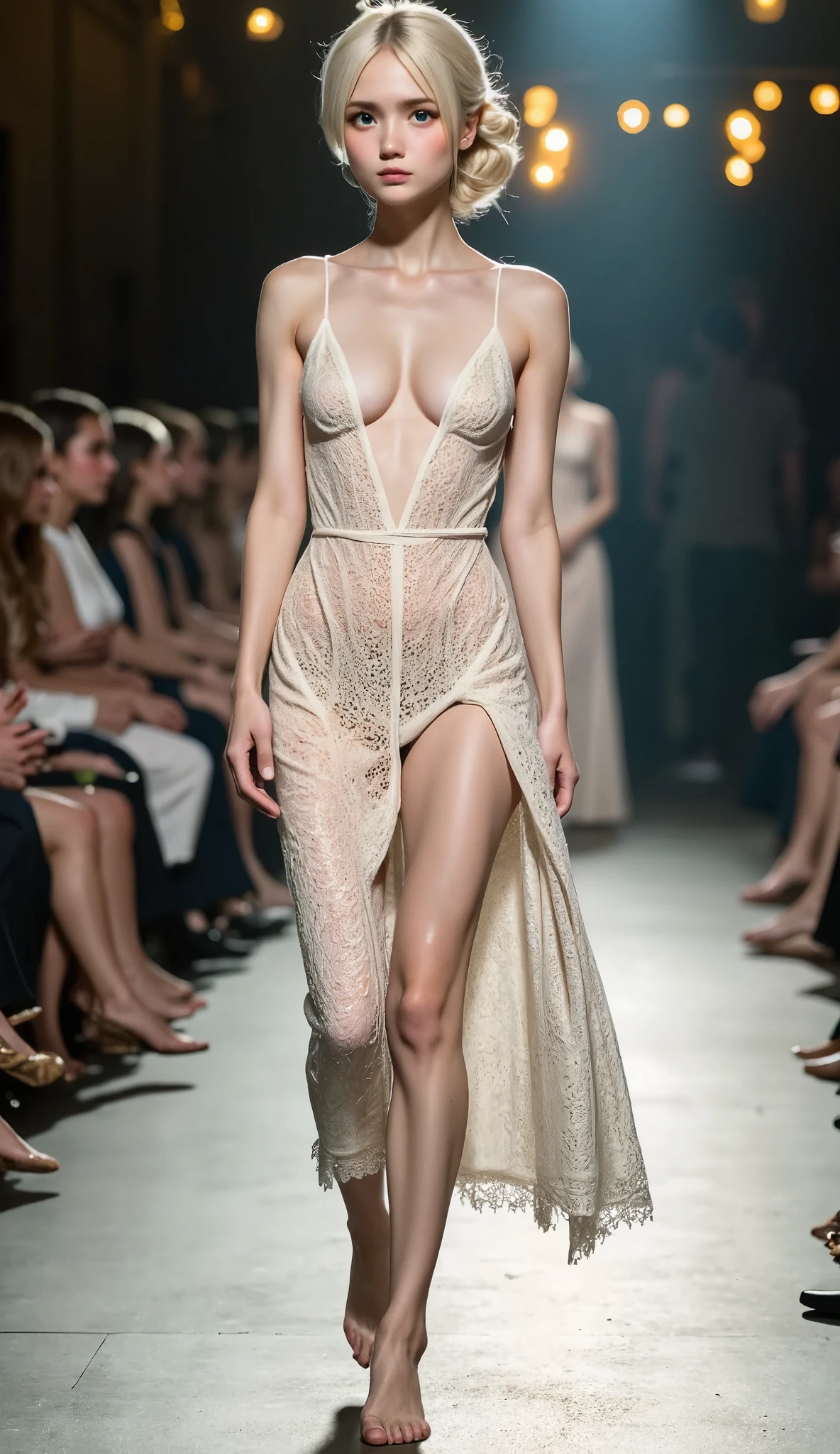 best quality,masterpiece,High resolution,a beauty,Exquisite face shape,Fashion model,Small waist,sexy fashion dress,catwalk,blond,big breasts