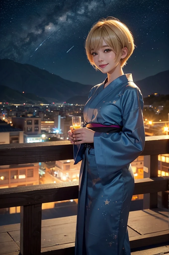 {masterpiece}, 1woman, {pov}, {portrait}, standing, smile, {town,in the crowd}, {night, in the starry sky}, 20years old, {blonde hair, very short hair, pixie cut}, blue yukata, Korean
