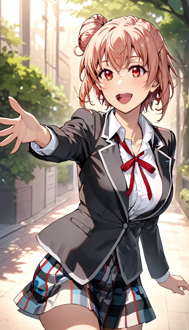 masterpiece, best quality, highres, aayui, short hair, single hair bun, red eyes, breasts, collarbone, neck ribbon, white shirt, dress shirt, blazer, black jacket, open jacket, long sleeves, plaid skirt, reaching out, smile, open mouth, happy