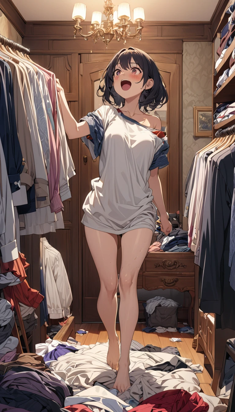 Girl picking up clothes in her boudoir, seems to be having fun, Feeling excited, In front of the appearance, A lot of clothes I've taken off my feet, anime, textured skin, anatomically correct, accurate, masterpiece, high details