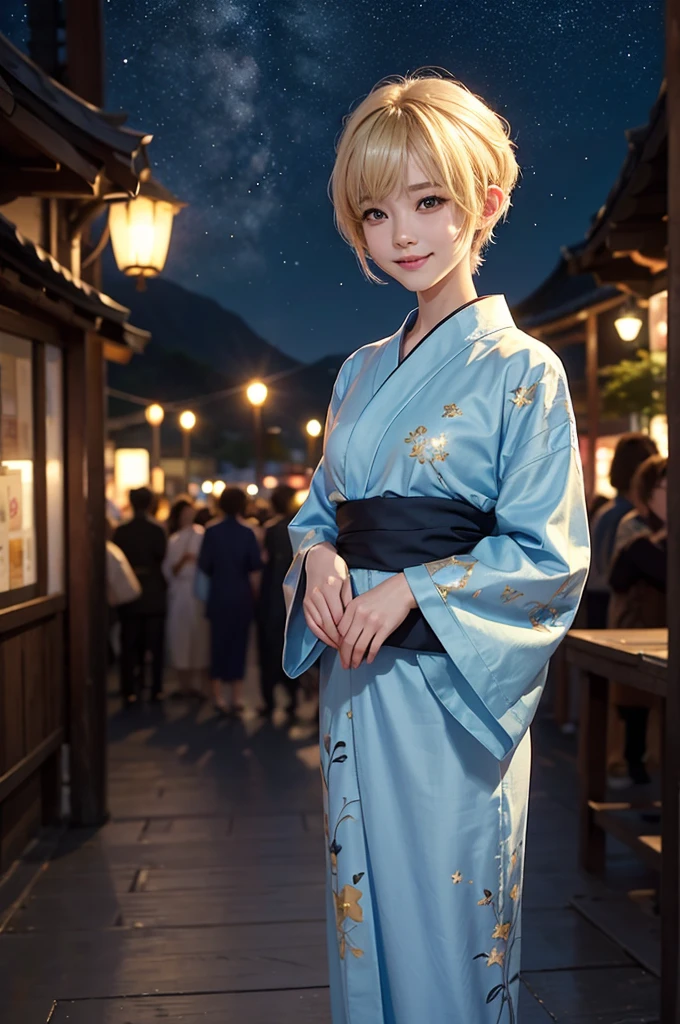 {masterpiece}, 1woman, {pov}, {portrait}, standing, smile, {town,in the crowd}, {night, in the starry sky}, 20years old, {blonde hair, very short hair, pixie cut}, blue yukata, Korean
