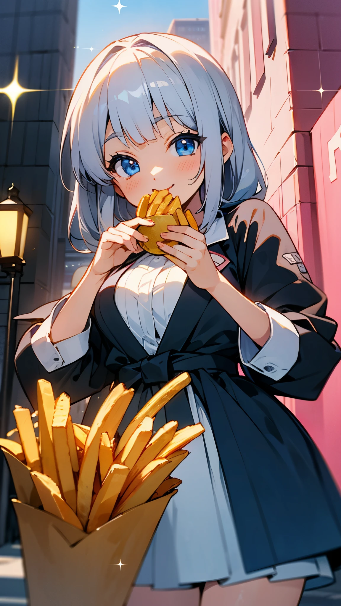 Girl、solo、Anime style painting、 cowboy shot、smile、Light blue and pink tones、Silver Hair、(Sparkling blue eyes)、Eating french fries、Downtown Background