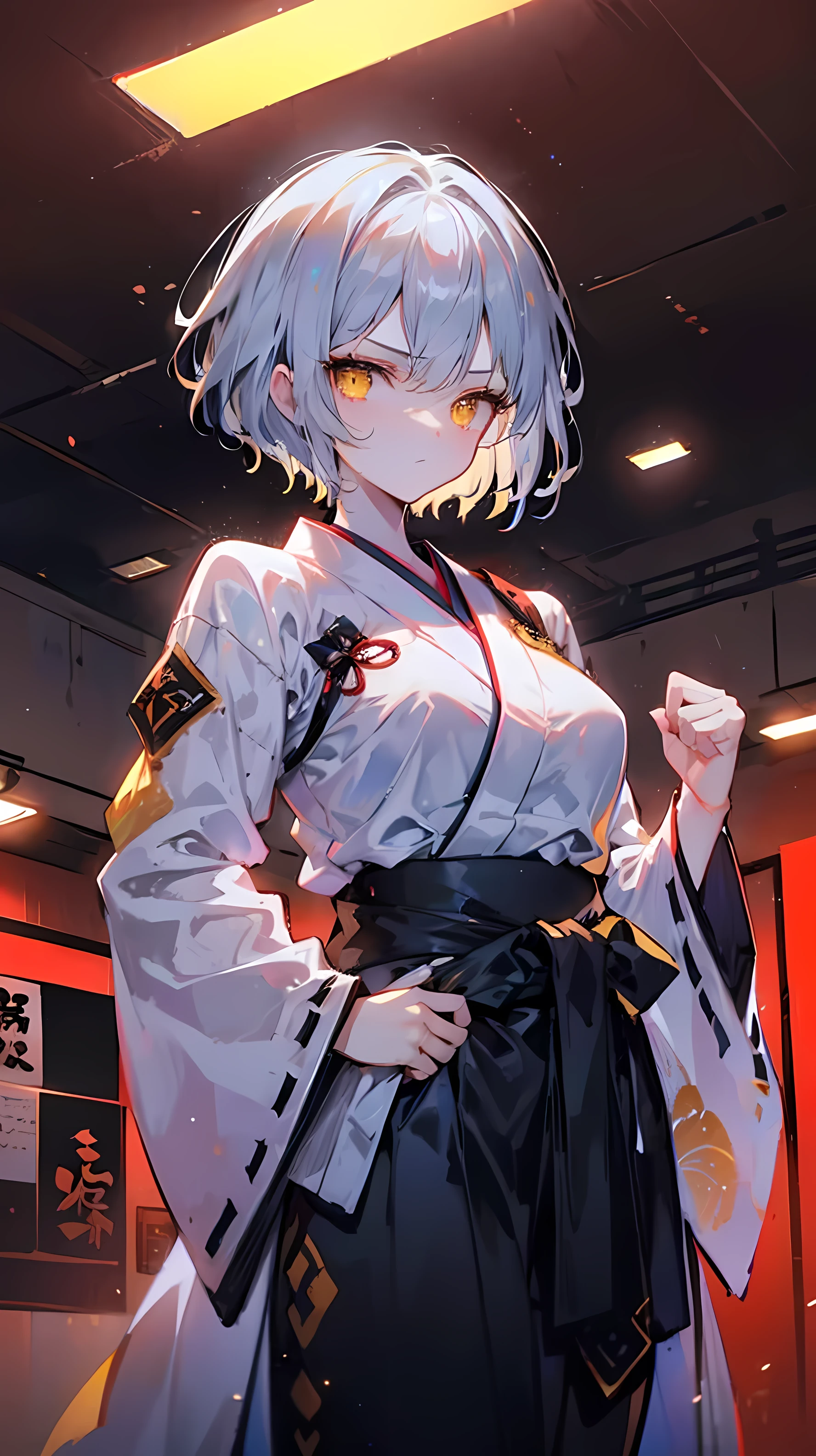 18 year old girl, jiu-jitsu fighter.  Short white hair , yellow eyes, shiny silver jiu-jitsu kimono, with a black belt around the waist, confident pose, clenched fist, standing in a martial arts dojo, looking determined, indoor environment with traditional decoration,  dramatic lighting in the upper left corner, focused atmosphere , front viewing angle, sharp focus on the subject, well-balanced exposure.