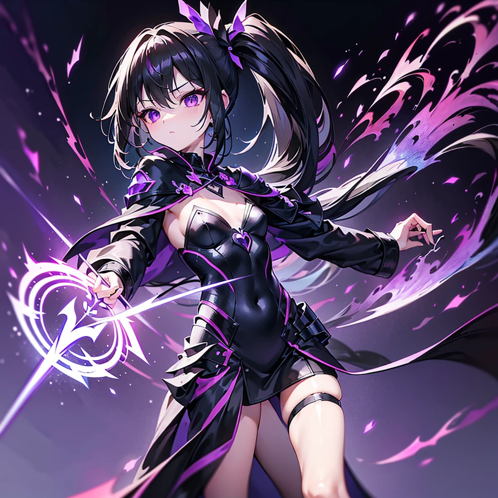 ((Alone))Holding a black-purple flame bow and arrow 1.9(long side ponytail 1.8)((small breasts1.8))Young Body 1.2、Long black hair 1.5、Purple Eyes 1.5、1 dressed in worn out black wizard clothing.8、 The Magician Girl with the Big Winged Angel Metatron 1.3、