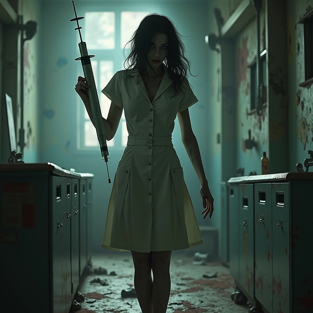 Dead girl climbing from a hole in the ground with a bloody body, 19 years old, pale-skinned, Black hair, whitish and bulging eyes, angry expressions, bloody puddle, Bloody dress, Filthy torn dress, filthy dark basement full of garbage, darkness, Fog, myst, creepy, nffsw, high details, Best Quality, hight resolution, 8K