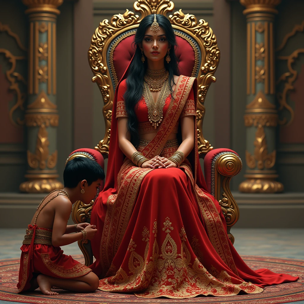 There is a woman who is sitting on a beautiful throne and is wearing a colorful dress. Her face is smiling and in front of her is a  boy standing with folded hands. The wall behind is decorated with flowers.