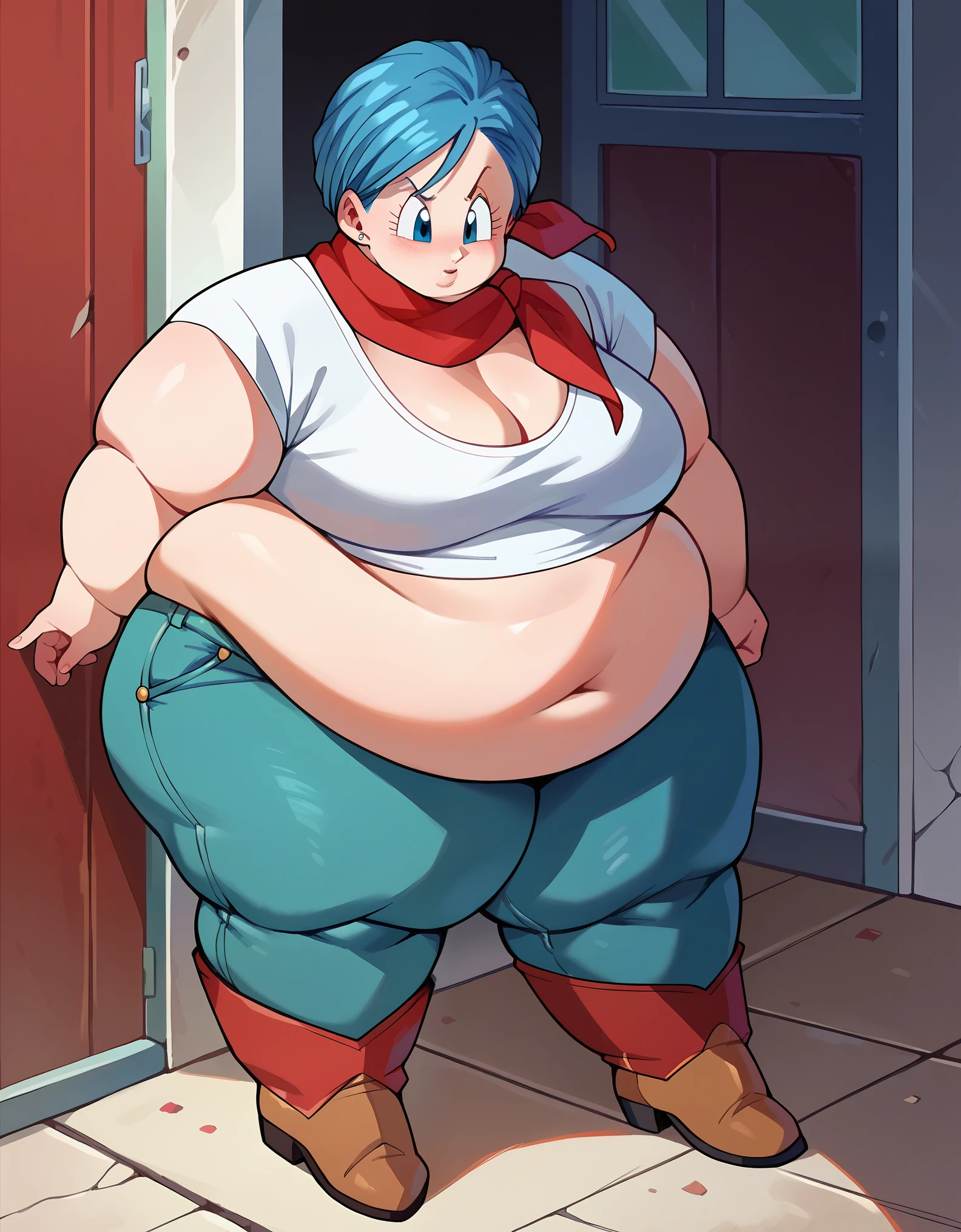 Original style, Bulma, short hair, blue eyes, blue hair, White short-sleeved shirt, jeans, red scarf around the neck, cowboy boots, fat, chubby, obese 