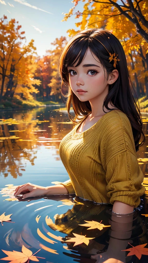 (best quality,4K,8K,High resolution,masterpiece:1.2),super detailed,actual,autumn scenery,Girl reflected in the lake,colorful leaves,floating in water,Golden sunlight shines through the trees,peaceful atmosphere,The girl's expression was calm&#39;s face,red and orange hues,Deep red reflection on the lake,breeze，leaves rustling,Ripples on the water,Warm sweater and jeans,Holding a cup of hot tea,Fallen leaves covered the ground,Small wooden pier extending into the lake,Soft lighting illuminates the scene,The endless trees against the blue sky and white clouds,peaceful atmosphere,get along with nature.