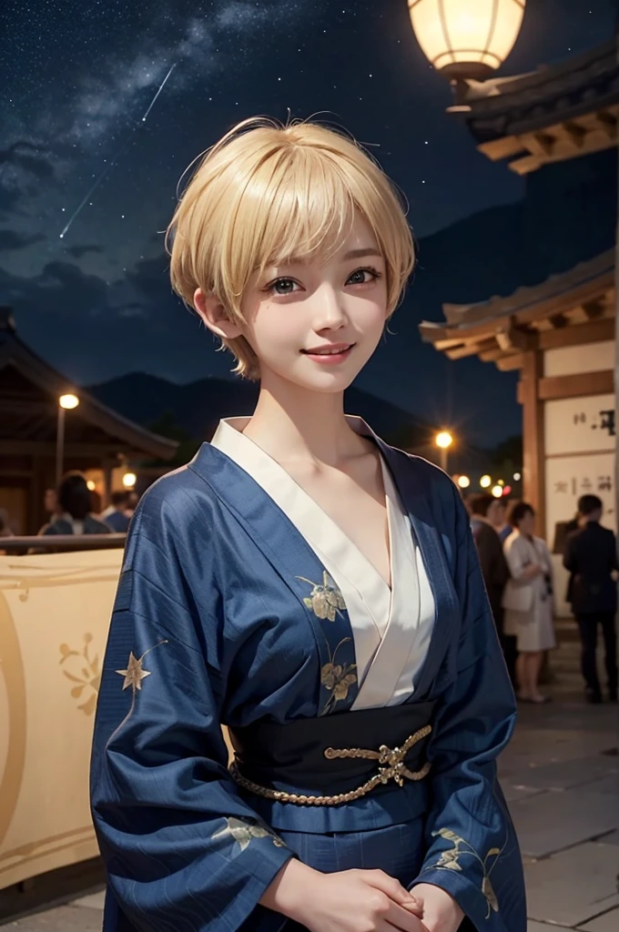 {masterpiece}, 1woman, {pov}, {portrait}, standing, smile, {town,in the crowd}, {night, in the starry sky}, 20years old, {blonde hair, very short hair, pixie cut}, blue yukata, Korean
