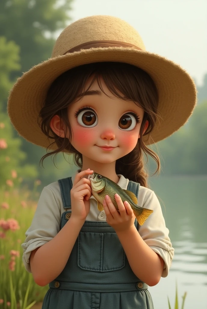High definition, realistic, a little girl, in fishermen's clothes, with her face in her hands, smiling. cute, small canoe, dragonfly, lotus