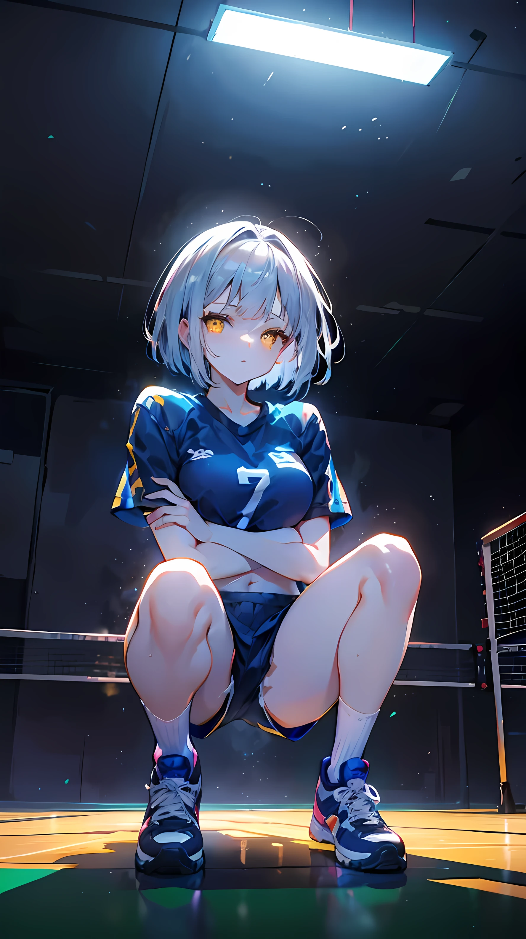 young girl. short and silver hair,  bright yellow eyes, wears a blue volleyball shirt (number 7) combined with matching shorts,  with knee-high socks and white athletic sneakers. Crouched with a confident posture , looking fearless. The background shows an indoor volleyball court with a net and typical sports equipment.. The lighting is uniform, highlighting the dynamic and lively atmosphere of the scene, which is captured from a frontal viewing angle with a well-balanced exposure.