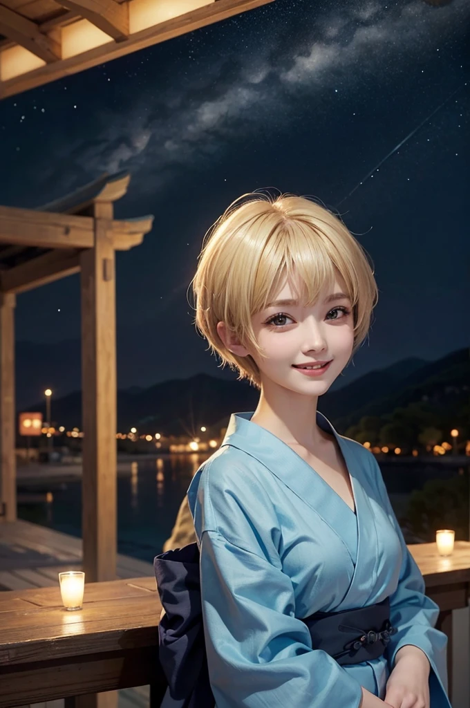 {masterpiece}, 1woman, {pov}, {portrait}, standing, smile, {town,in the crowd}, {night, in the starry sky}, 20years old, {blonde hair, very short hair, pixie cut}, blue yukata, Korean
