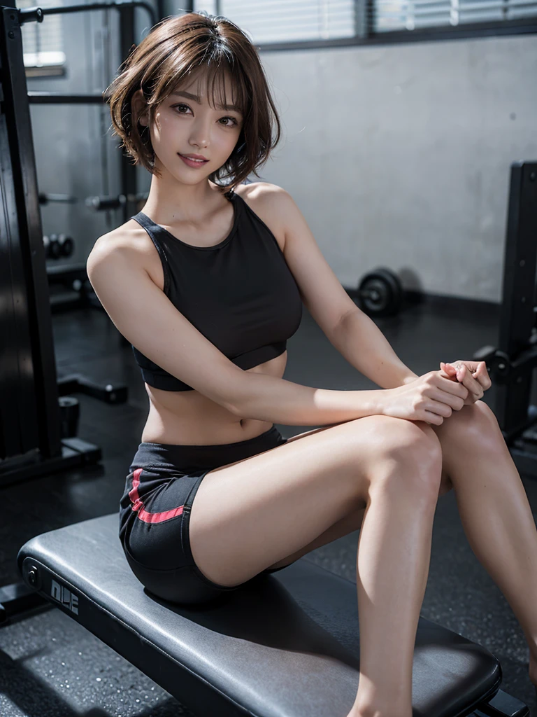 high quality, 8K visual quality, high detail skin and eyes, wife with small breasts, tight gym t-shirt、Bending over to put on shoes、Visible nipples on chest, gym shorts