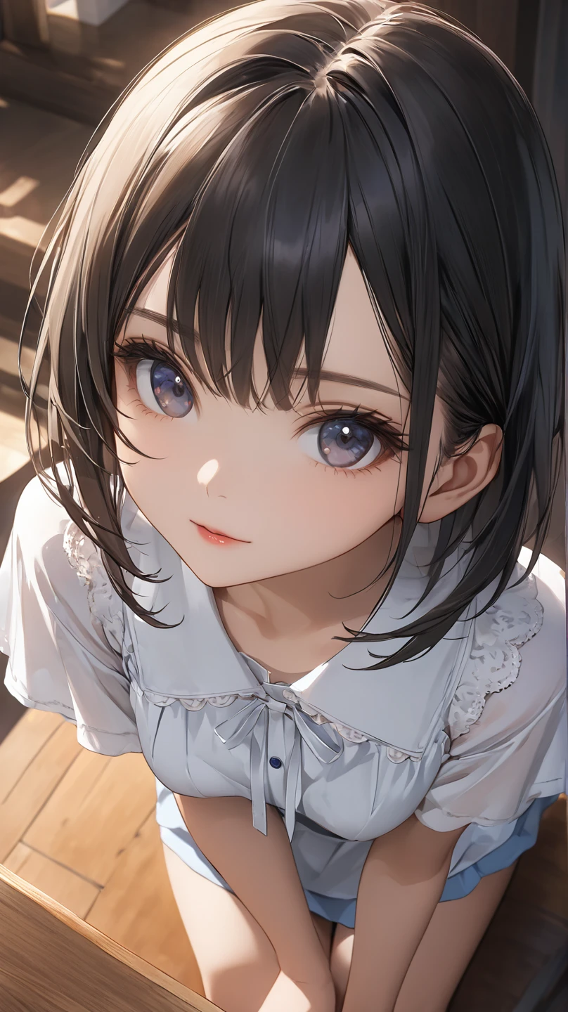 girl,Character design sheet,Beautiful attention to detail,Beautiful lip detail,Very detailed目と顔,Long eyelashes,Realistic,photoRealistic:1.37,Very detailed,Professional,Vibrant colors,Portraiture,Studio Lighting,Sharp focus,Physically Based Rendering,High resolution,超High resolution. blue eyes,Big eyes, Close ~ eyes,Long Hair,Curly hair、Black Hair,Red cheeks,Lower eyes,apron,White Shirt,skinny,pumps,Standing posture,Model shoot,Photo studio