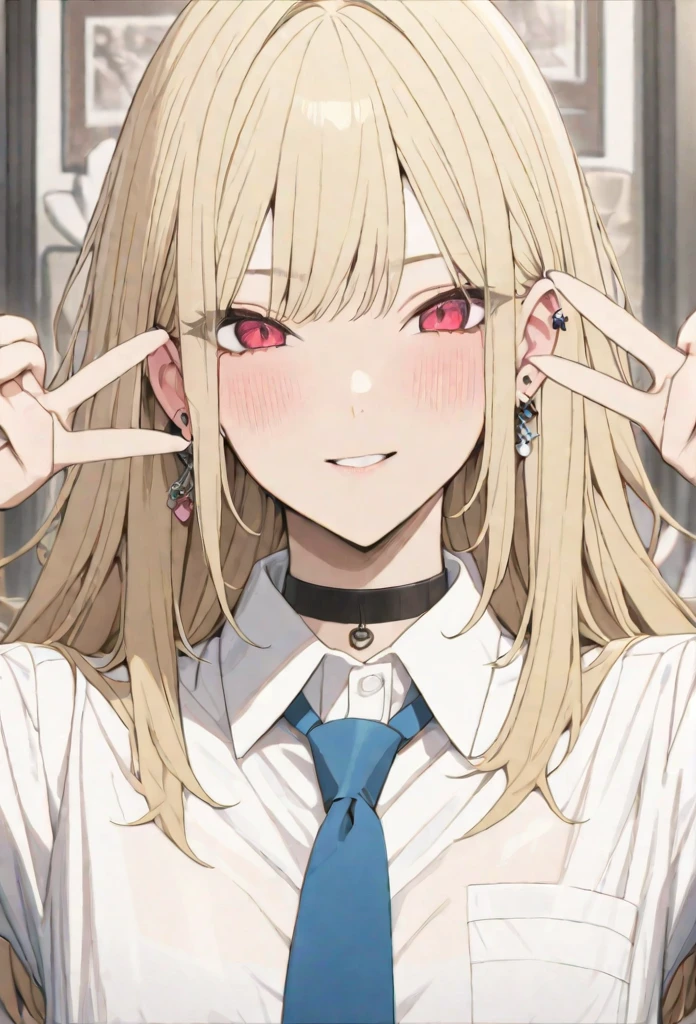 (masterpiece,  best quality,  Very aesthetic, Super detailed),  complicated details,
 1 girl, Kitagawa Marin,   Sonobisk Doll falls in love,  blond hair, Red eyes, Ear Piercing, Barbell Piercing, Black choker,  collared shirt,  white shirt ,  earrings, Blue tie, Green, Raise your arms, v,  Staring at Viewers ,  upper body,エロい,セクシー,ベットの上,