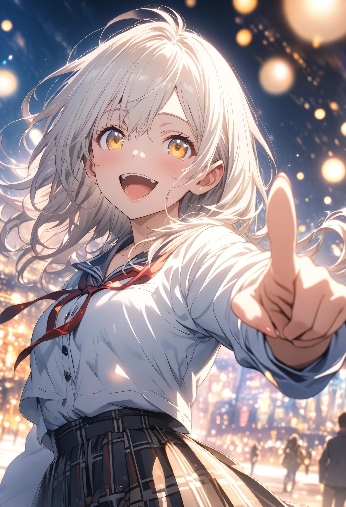 masterpiece, Best Quality, Highly Detailed CG Unity 8K Wallpaper , High girl anime illustration. She is wearing a red and black checked skirt, Pointing index fingers of both hands, She's closing her eyes and opening her mouth , smile. The background is a pale pastel landscape, White hair color, Yellow Eyes, Bokeh Photo, ( Soft Focus ):1.2, Bokeh highlights , Dreamy atmosphere, Shining circle, Fascinating Depth, The background is a realistic landscape