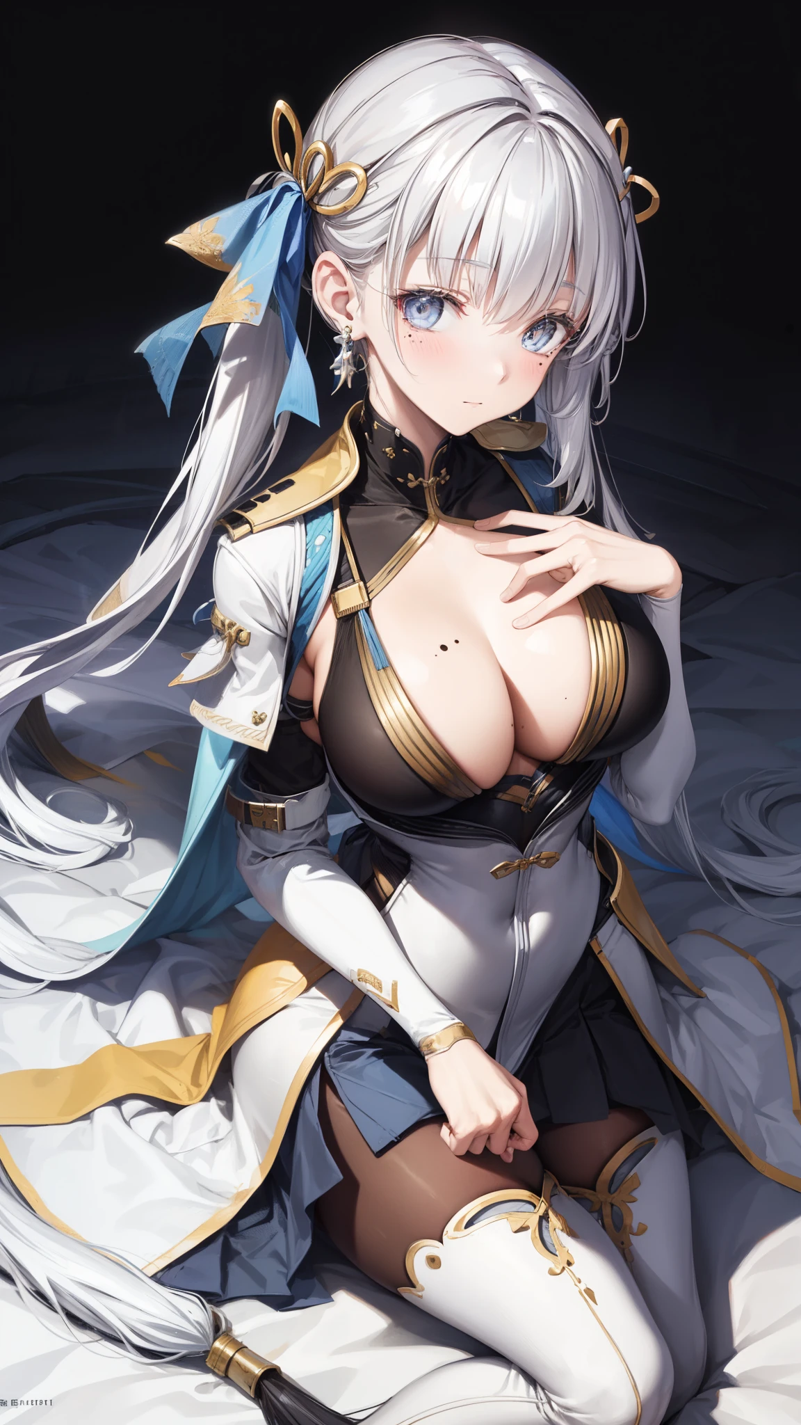 masterpiece,official art,extremely detailed cg unity 8k wallpaper,highly detailed,absurdres,8k resolution,1girl, solo, long hair, breasts, looking at viewer, blush, bangs, large breasts, simple background, hair ornament, thighhighs, white background, ribbon, cleavage, twintails, jewelry, medium breasts, sitting, very long hair, closed mouth, hair ribbon,
white hair, grey hair, earrings, mole, white thighhighs, grey eyes, mole under eye, mole on breast,****