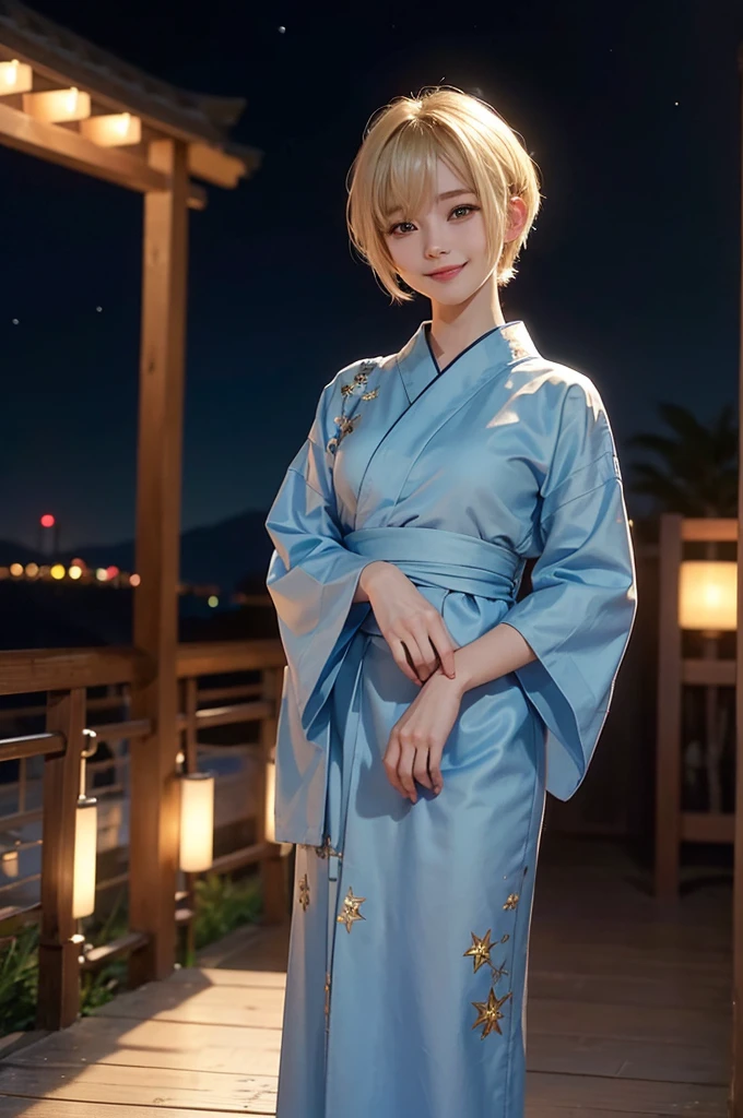 {masterpiece}, 1woman, {pov}, {portrait}, standing, smile, {town,in the crowd}, {night, in the starry sky}, 20years old, {blonde hair, very short hair, pixie cut}, blue yukata, Korean
