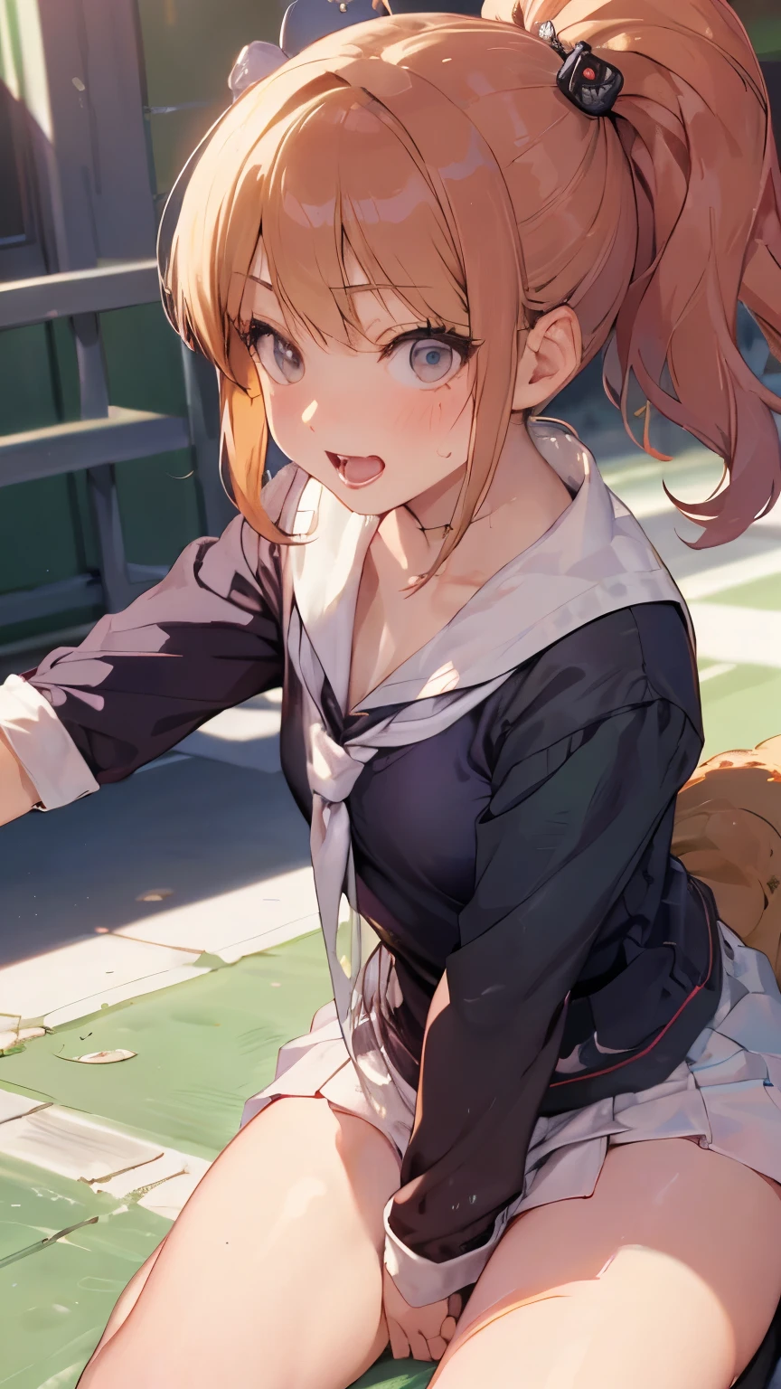 masterpiece, best quality, ultra-detailed, illustration, an extremely delicate and beautiful, cute, 2girls, jumping, from side, orange hair, brown eyes, pout, hat-, braid, (dog ears)++, school uniform, pantyhose, (neck ribbon)++, garden--