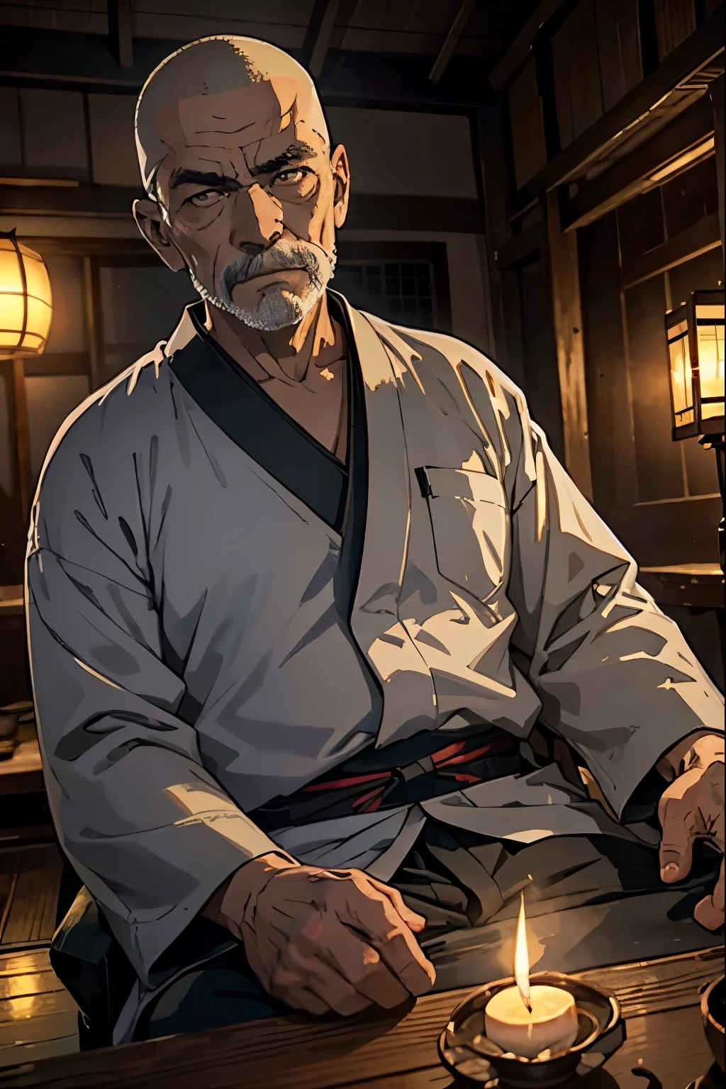 ６０An old elderly man 、Masculine、Gray Hair、Shaved head、 is sitting in an old Japanese-style room、detailed expression、Dark and mysterious atmosphere at night、Candlelight、