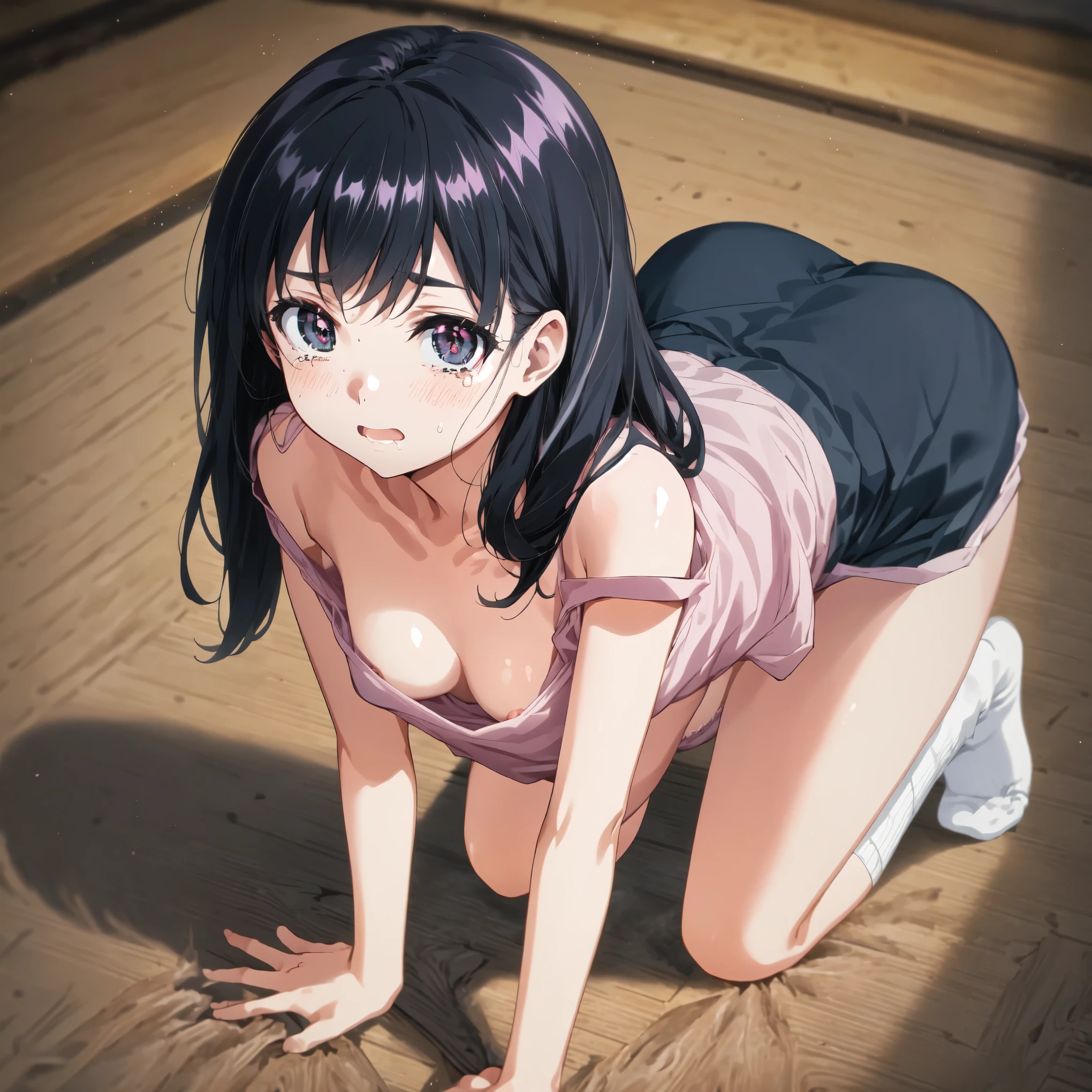 God Quality, ANIMEMOA ART STYLE , Perfect Anatomy, high quality skin,nsfw,(Bird’s Eye View:1.4),,breasts focus,pink camisole with loose chest,short pants,short white socks,gloomy tatami room,slant eyes,straight long black hair,{{beautiful small-sized breasts1:4}},crawl on all fours,The cleavage visible when squatting down,leaning forward,{{beautiful black eye1:4}},pink panties,tearful,blush,hime cut,school girl