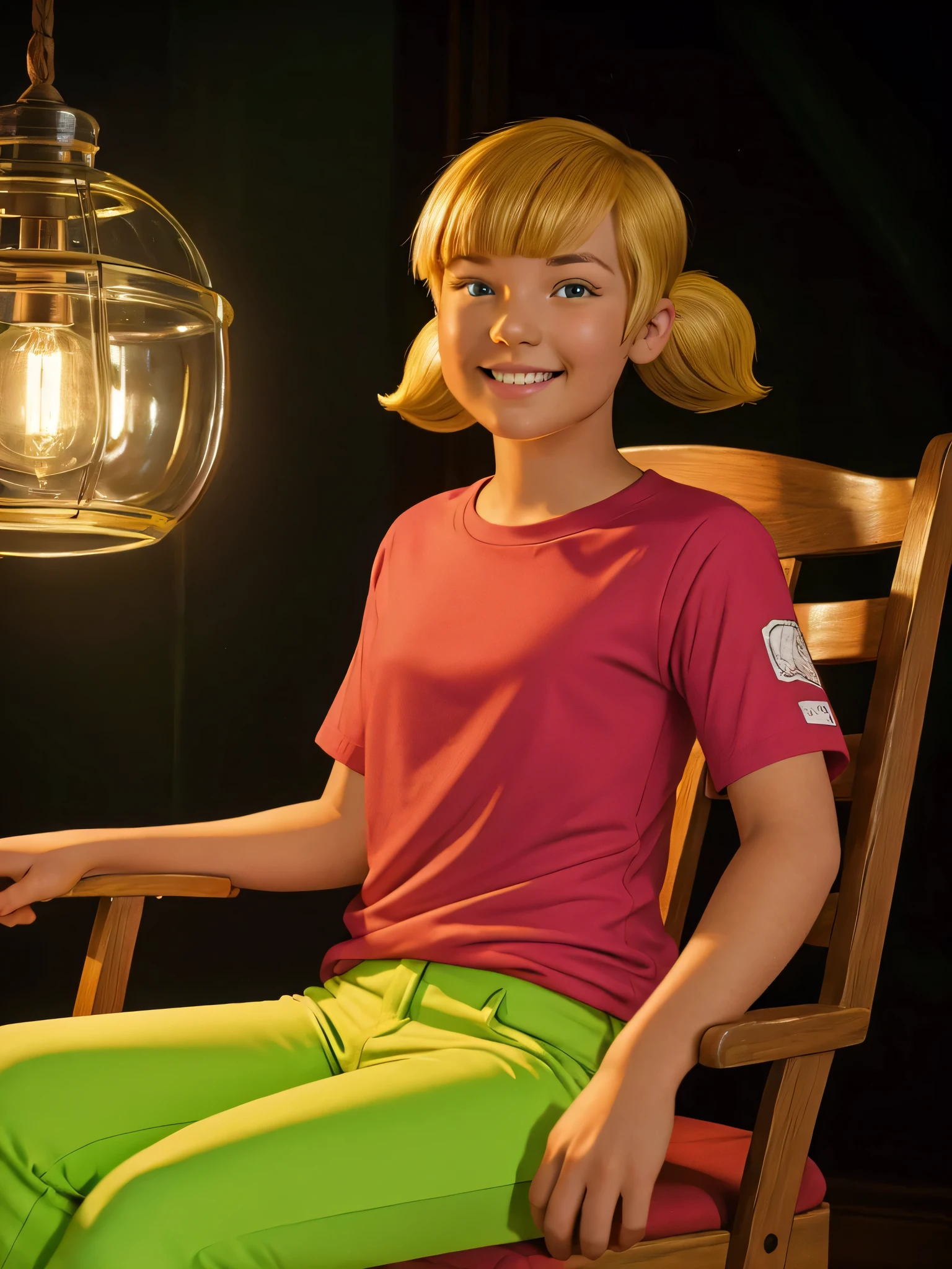 (Natural Light, Highly Detailed, Photo, Masterpiece, High Quality, ), Light, Surreal, (Detailed and Accurate Hand Drawing, Subtle Features), pennygadget, girl, blonde hair (twin tails), red shirt with single white stripe in the middle, full body, green pants, oval face, pointed chin, closed mouth smile, sitting in a chair Dynamic Colors, Clear Sky, (Best Quality, 8K, Hyper-realistic:1.2), (Highly Detailed, Realistic Best Illustration:1.37), Bright Background, Exquisitely Detailed, Amazing, Fluorescent, Glowing, Bioluminescence