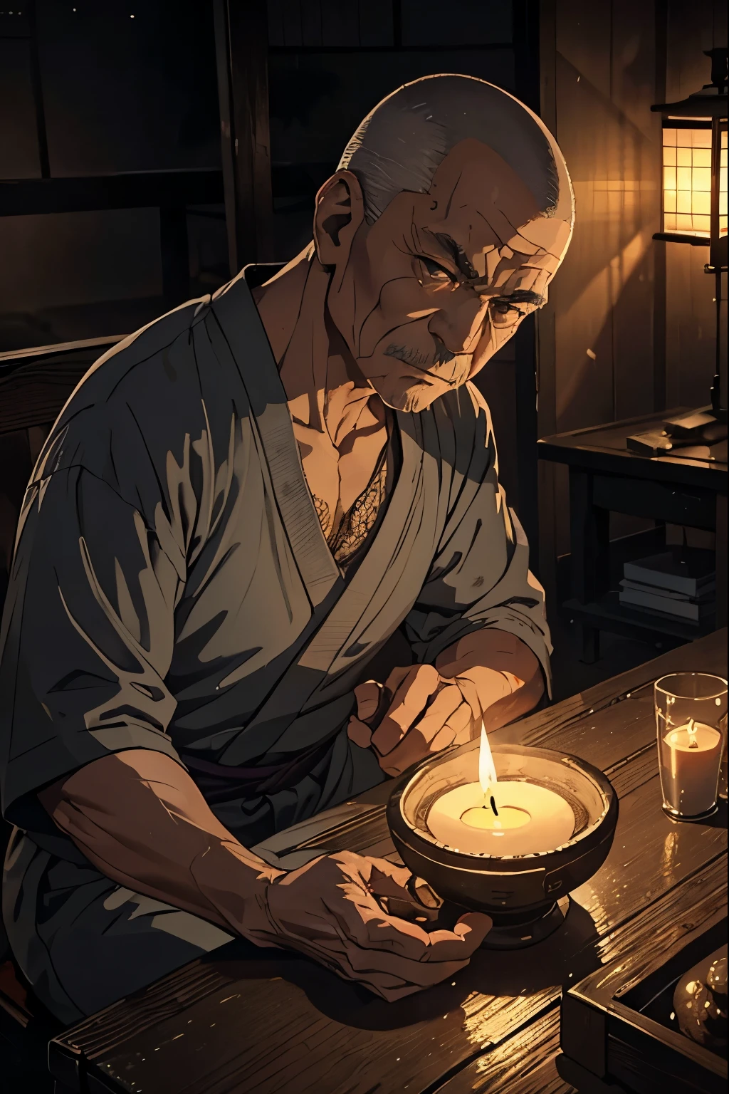 ６０An old elderly man 、Masculine、Gray Hair、Shaved head、 is sitting in an old Japanese-style room、detailed expression、Dark and mysterious atmosphere at night、Candlelight、