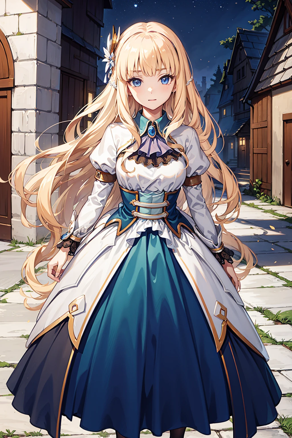 Become a，Fantasy Princess，obsessed，Full breasts，in love，sacred，(And a white princess dress:1.3)，Blonde hair and blue eyes，Blue Eyes，Great Sword，Holy Sword，Super super details，Ruffles，Lots of Lace，(Stripes on clothes:1.2)，(Dress nicely:1.1)，(Layered Skirt),Transparent clothing，Beautiful and delicate face， movie lighting，night，The only person，Lace,(shine:1.2), ( best quality on the tree), (masterpiece:1.2),shine宝石, Gentle, Gentle, goddess, ,, Gentle, group，SFW skirt