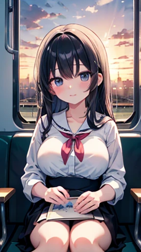 high-angle shot、Japanese woman wearing a short skirt and tie sitting on a train、cute school girl、Japan Female Student Uniform、with a Japanese school uniform、Surreal schoolgirl in Japan school uniform、a hyperrealistic schoolgirl、schoolgirl in school uniform、girl wearing school uniform、girl wearing school uniform、Wearing a school uniform、Full body of schoolgirl posing、 Nice skin、glistning skin、lovely thighs、glowing thigh、shining legs、knee high socks、sheer panty、Nasty laughter、sit on the train seat with your legs apart、Skirt flipping、Panties are wet、nipple erect、(Bright red panties)、(no-bra)、red blush、Nasty smile、(The crotch is wet with semen)