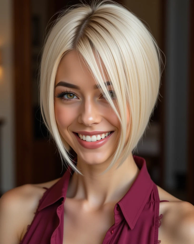 View from part side, full body of Nexia a smiling young woman with a striking asymmetrical haircut:
Hair is parted slightly off-center, with the longer side sweeping across the left side of her face, partially covering her eye. ((The right side is tucked behind her ear)), revealing more of her face. Hair length is just above the face, with the ends perfectly straight and blunt cut. The platinum blonde color is uniform and bright, with a subtle warm undertone. The overall look is edgy, modern, and stylish, with the blonde color adding a bright, striking effect.
perfect slim body, long legs and medium breasts. Cwboy pose, sexy pose. In bedroom she plays smiling, wearing a long silk blouse, that reveal beautiful lace dark magenta lingerie, beige lace stocking. High heels. Full body shot, white balance, 16k, warm color, instagram shot, masterpiece.,pose