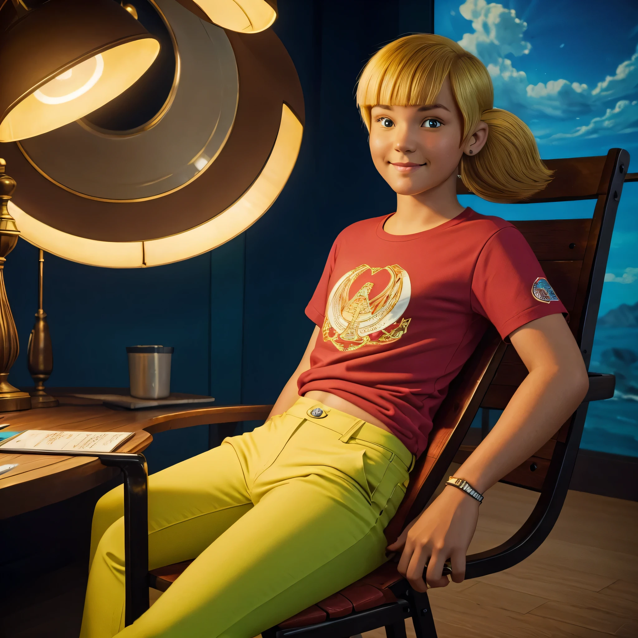 (Natural Light, Highly Detailed, Photo, Masterpiece, High Quality, ), Light, Surreal, (Detailed and Accurate Hand Drawing, Subtle Features), pennygadget, girl, blonde hair (twin tails), red shirt with single white stripe in the middle, full body, green pants, oval face, pointed chin, closed mouth smile, sitting in a chair Dynamic Colors, Clear Sky, (Best Quality, 8K, Hyper-realistic:1.2), (Highly Detailed, Realistic Best Illustration:1.37), Bright Background, Exquisitely Detailed, Amazing, Fluorescent, Glowing, Bioluminescence