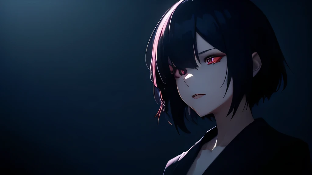 Create a dramatic digital artwork of Touka Kirishima from Tokyo Ghoul, featuring her with one eye obscured by her short blue hair. Set her against a dark, brooding Tokyo background, with splatters of blood adding to the intensity. Emphasize her fierce expression, showcasing her ghoul side with her kagune subtly visible in the shadows. Use a palette of deep reds and blacks to enhance the dark, atmospheric feel of the piece.