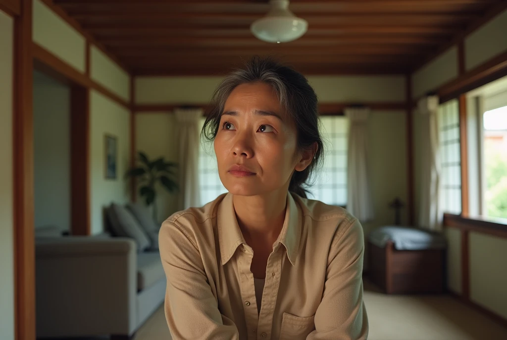 a nude short middle-aged asian woman with graying hair in a heated emotional argument with a huge menacing grizzly bear in a trailer park at dusk, magic hour lighting