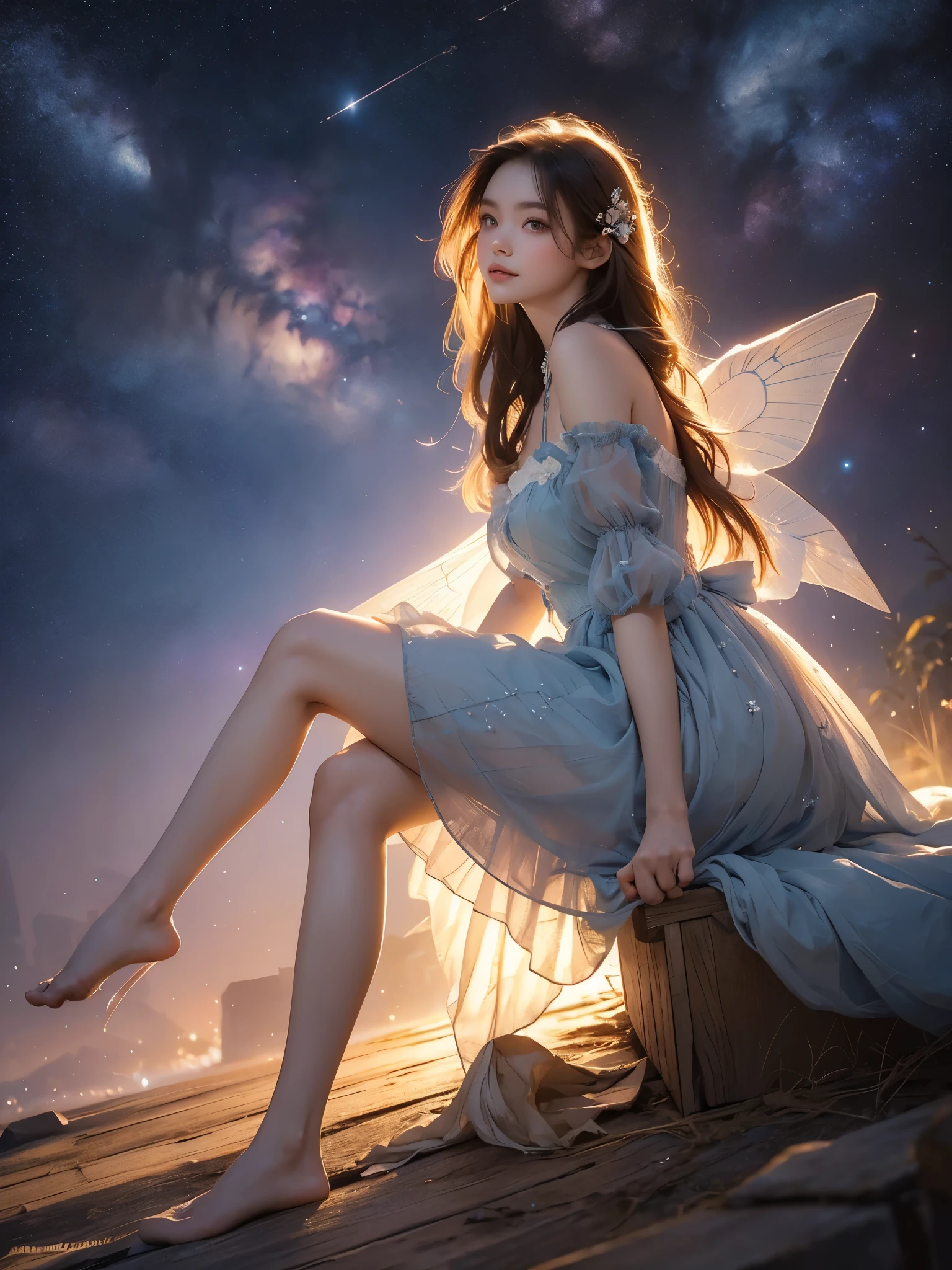 blue dress,blue sleeves,dress bow,layered dress,choker,butterfly wings,hair flower,long dress, (Asian beauty, full body photo: 1.2), (Night, starry sky, space scene), (Sitting on the ground, side view: 1.3), warm sunset light, (Slim sporty figure: 1.1), (visible cleavage: 0.8), (precise leg posture), (anatomically correct leg, natural muscle profile: 1.3), (smooth skin, no deformities: 1.2), relaxed posture: (right hand back support: 1.1), torso slightly backward, head tilted, charming smile, hands gently lifting skirt, long hair hanging over shoulders, loose hair flowing, delicate features: (Big bright eyes, long eyelashes: 1.1), mouth slightly upturned, expression gentle and confident, (fidelity: 1.1) 1.2), high detail, soft lighting, warm colors