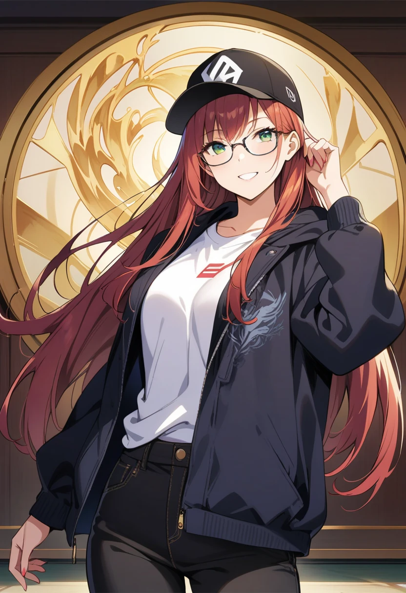 masterpiece, best quality, highres, TAKEBAARENA, PINK BODYSUIT, WHITE GLOVES, CHOKER, CLEAVAGE, futabasakura, blunt bangs, glasses, black-framed eyewear, ahoge, small breasts, bodysuit, black bodysuit, gloves, gloves with green fingertips, green boots, goggles, goggles on head, belt, happy, open mouth, cowboy shot, outdoors, forest