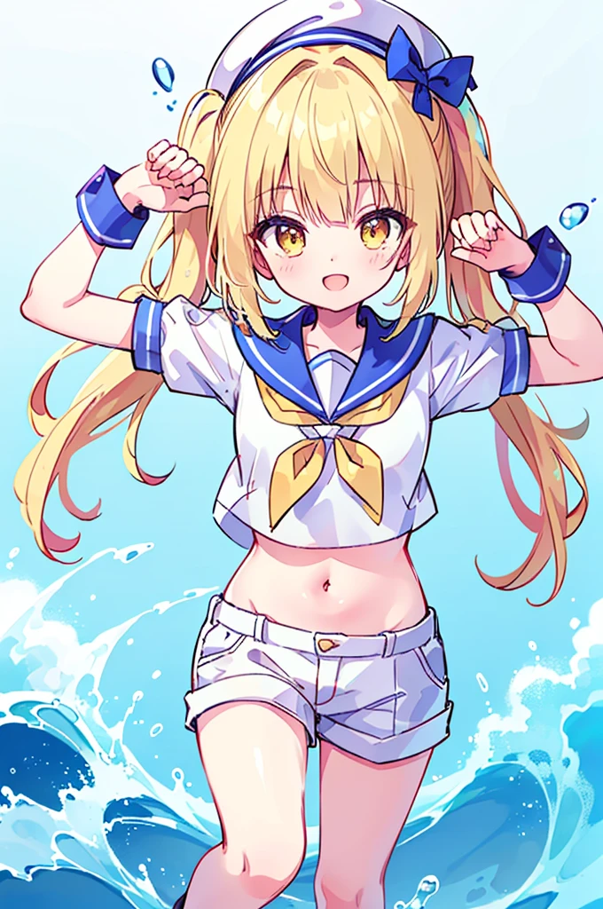 Twin-tailed golden-haired girl in sailor suit, Visible navel, Wear a hat and pants.a drawing of an anime character, clean line drawings, ultra cute girl, ultra cute face, ultra detailed eyes, ultra detailed hair, ultra cute, ultra beautiful, ((high end)), (UHD picture), (best quality,4k,8k,highres,masterpiece:1.2), top-quality(​masterpiece), top-quality, ultra-detailed, highly detailed texture, intricate details, high quality textures, masterpiece, best quality, perfect quality, perfect anatomy, perfect body, perfect symmetrical face, perfect hands, perfect feet, (two arms:1.2), (two legs:1.2), (five fingers each:1.2), (perfect joint:1.2), perfect joint movement, precise fingers and hands, 1 beautiful girl, 1 girl, alone, solo, , , ((())), ((ish)), (Best Quality, hight resolution), extremely detailed and lifelike, Vibrant colors, simple background, white socks, blonde hair, hat, blue sailor collar, twintails, sailor collar, sailor hat, yellow eyes, marine costume, short sleeves, shirt, blue neckerchief, white headwear, sailor, white shirt, white shorts, neckerchief, smile, Chiyuri