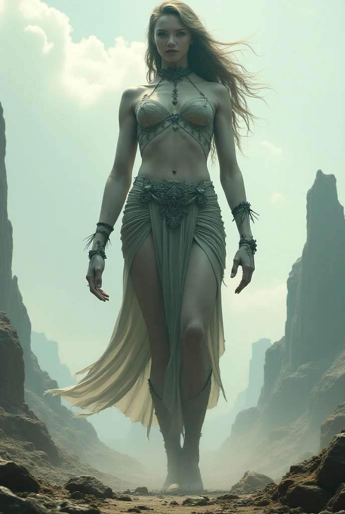 A towering Giantess with a cool, laid back hippie style wearing sexy fallows and panties. Her sexy, toned and seductive body and athletic details (big breasts) hint at her incredible strength. She appears (lying) on ​​a rolling hill it is beautiful, while the tall trees are short below it. Smoke and clouds billow around it, adding to the sense of epic scale and drama. The lighting is dark, gloomy, and realistic, creating a tense and ominous atmosphere.