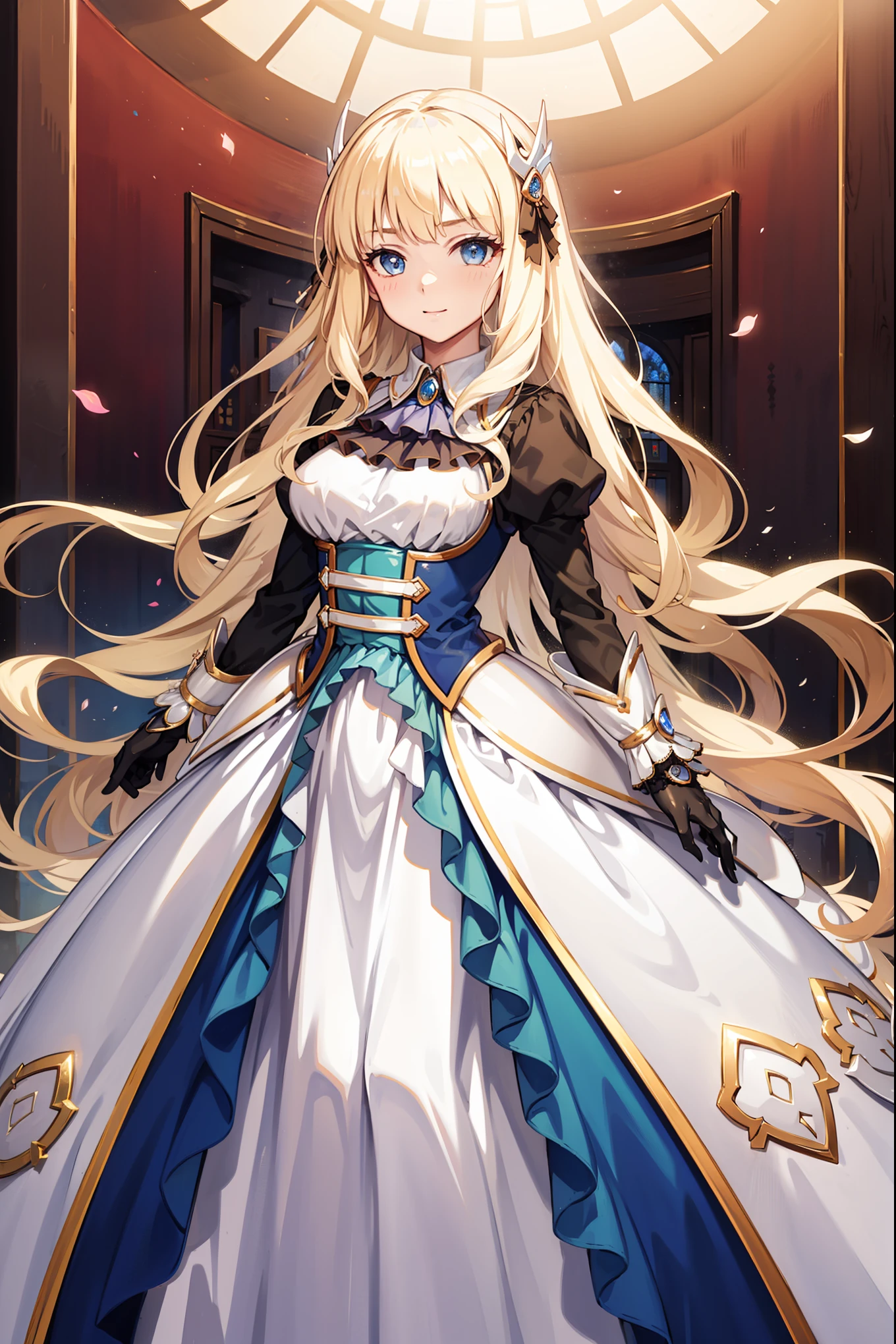 Become a，Fantasy Princess，obsessed，Full breasts，in love，sacred，(And a white princess dress:1.3)，Blonde hair and blue eyes，Blue Eyes，Great Sword，Holy Sword，Super super details，Ruffles，Lots of Lace，(Stripes on clothes:1.2)，(Dress nicely:1.1)，(Layered Skirt),Transparent clothing，Beautiful and delicate face， movie lighting，night，The only person，Lace,(shine:1.2), ( best quality on the tree), (masterpiece:1.2),shine宝石, Gentle, Gentle, goddess, ,, Gentle, group，SFW skirt，happy，Inside the royal palace