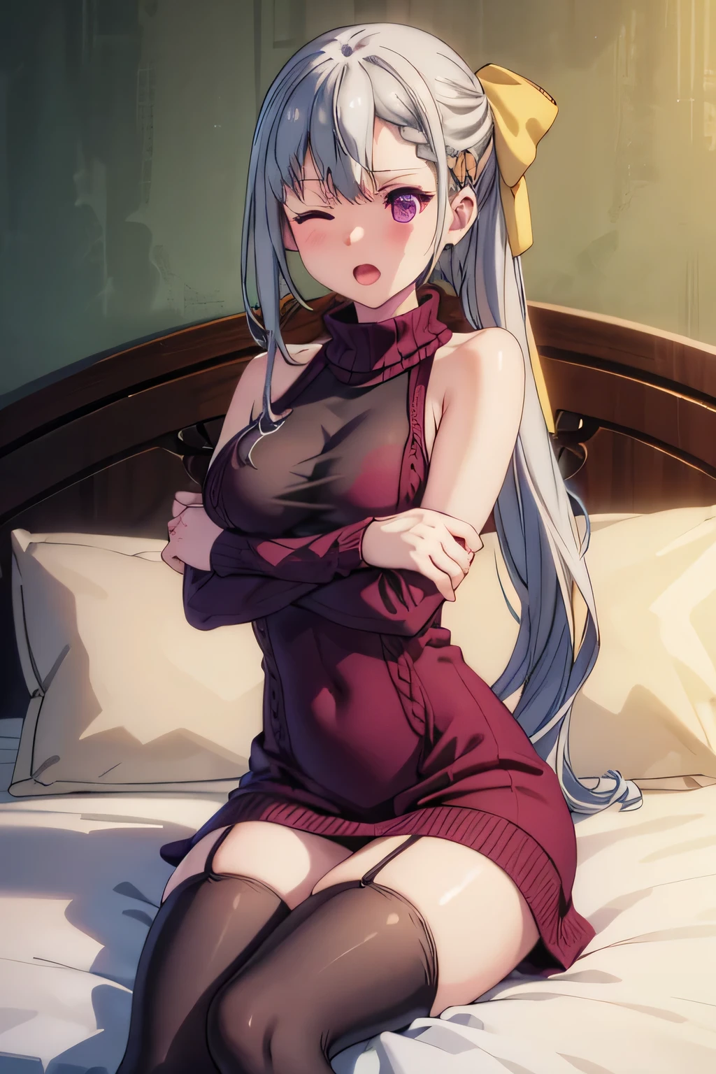 (highest quality, High resolution, perfect pixel, Depth of bounds written, 4K), bed, detailed eyes, (1 lady), tall, (skinny body:1.2), large breasts, (side boob), (side ponytail:1.2), (burgundy virgin killer sweater dress:1.2), (sleeveless), bare back, (reclining), (Cross-legged), (breast hold:1.2), (surprised), (one eye closed), blush, open mouth, (knee-length stockings:1.3), (cowboy shot)